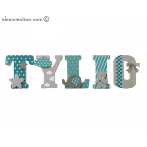 Lettres à poser, lettres prénom en Bois et tissu imprimé, prénom pour chambre d'enfant motifs vert turquoise et Taupe