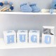 Cubes lettres prénom en carton épais et tissu imprimé pour chambre d'enfant motifs : bleu,  gris
