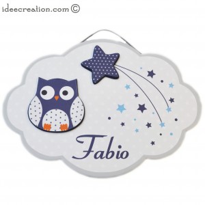 Cadre Prénom Hibou en bois et tissu pour chambre de bébé motifs bleu marine et gris