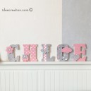 Lettres à poser, lettres prénom en Bois et tissu imprimé, prenom pour chambre de Fille motifs : roses, blancs et gris