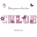 Lettres à poser, lettres prénom en Bois et tissu imprimé, prenom pour chambre de Fille motifs : roses, violet prune