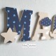 Lettres à poser, lettres prénom en Bois et tissu imprimé, prénom pour chambre de bebe motifs : bleu marine et taupe