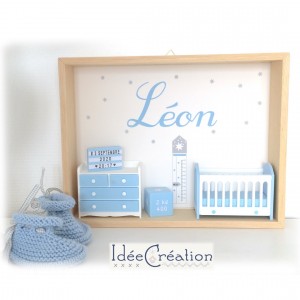 Cadre prénom bebe, Cadre naissance, Vitrine miniature personnalisée au prénom de l'enfant, modèle bleu ciel et blanc