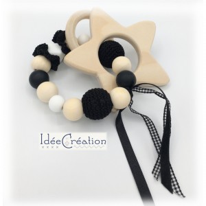 Hochet, anneau de dentition en bois et coton, modèle noir et blanc