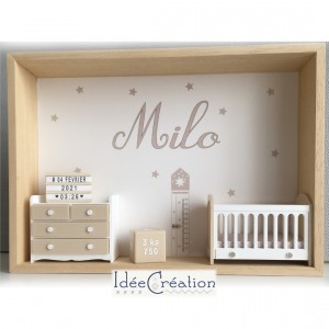 Cadre prénom bebe, Cadre naissance, Vitrine miniature personnalisée au prénom de l'enfant, modèle beige