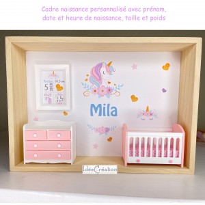 Cadre prénom bebe, vitrine miniature naissance, modèle Licorne