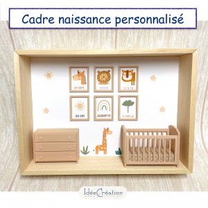 Cadre prénom bebe, vitrine miniature naissance, modèle Safari Ocre