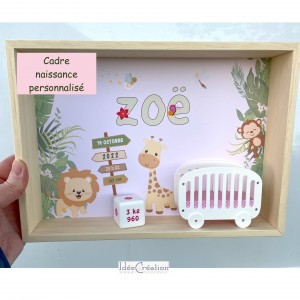 Cadre prénom bebe, vitrine miniature naissance, modèle Safari Rose