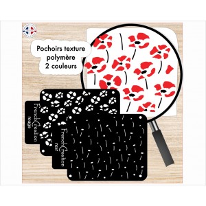Pochoir feuille de texture 2 couleurs pour p&acirc;te polym&egrave;re motif Coquelicots, en PVC souple et r&eacute;sistant